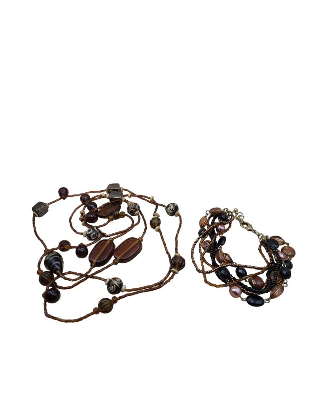 Boho Multi Strand Necklace Bracelet Set Brown Glass Bead Station Artisan Earthy
